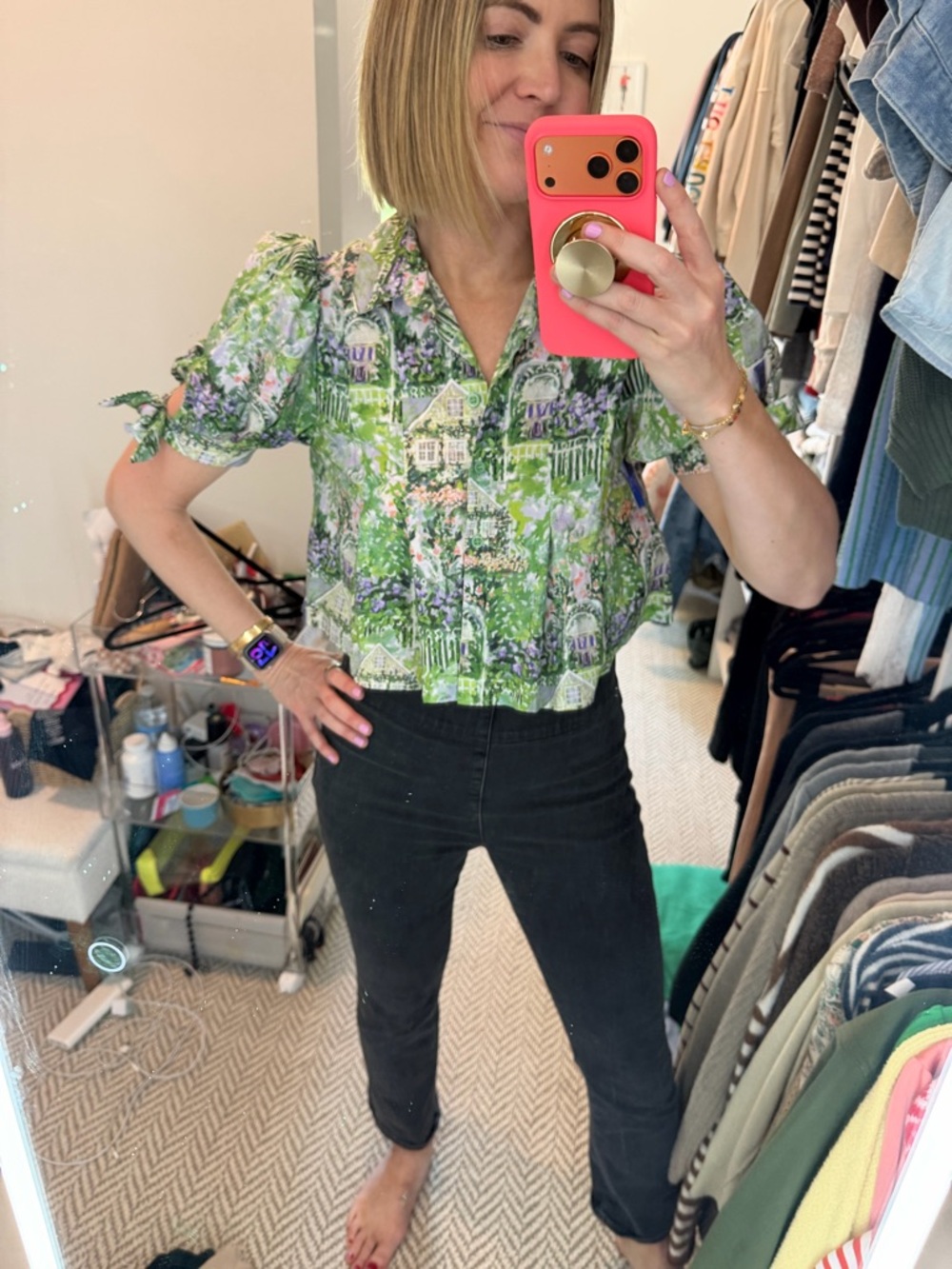 En Saison Floral Button-Front Puff Sleeve Top